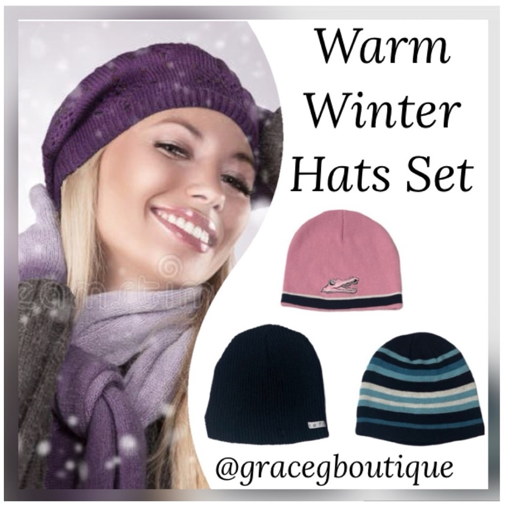 Warm Winter Hat Knit Beanie Womens Hats Bundle Lot Pink Black Blue
